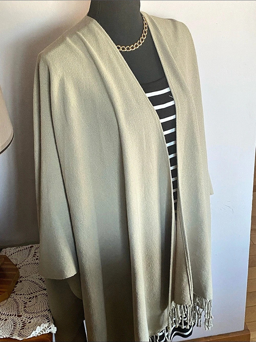 Fringe Trim Open Front Shawl/Shrug in Beige Like New